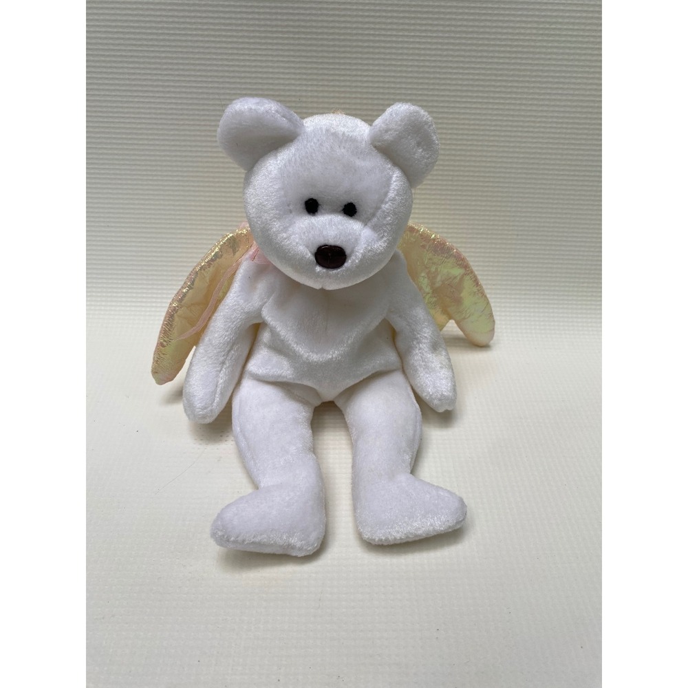 Vintage Ty Beanie Baby Halo the Angel Bear White Plush Iridescent Wings 1998